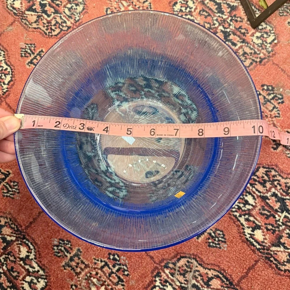 Unbranded Glass Serving Bowl Unisex 10in Blue Excellent Iridescent Ribbed Cobalt